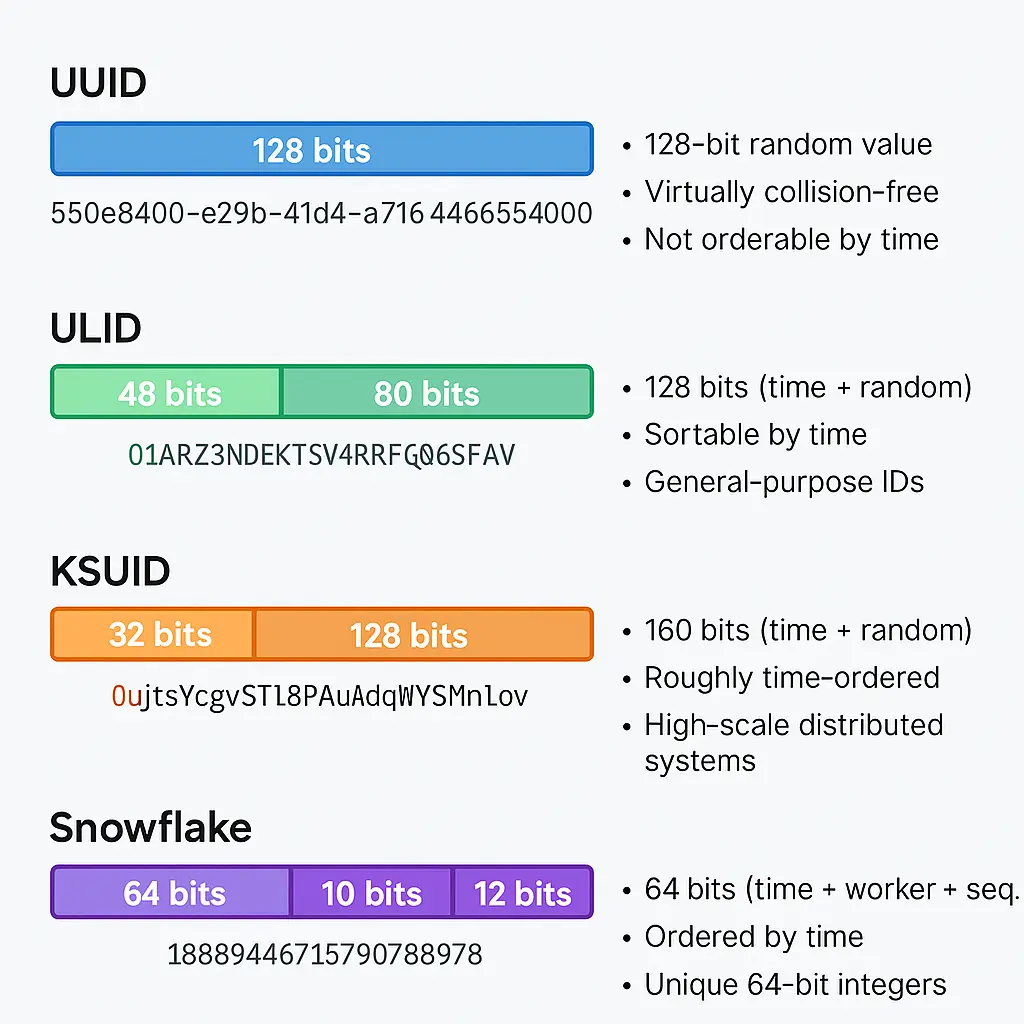 Differences Between UUID, ULID, KSUID, and Snowflake IDs